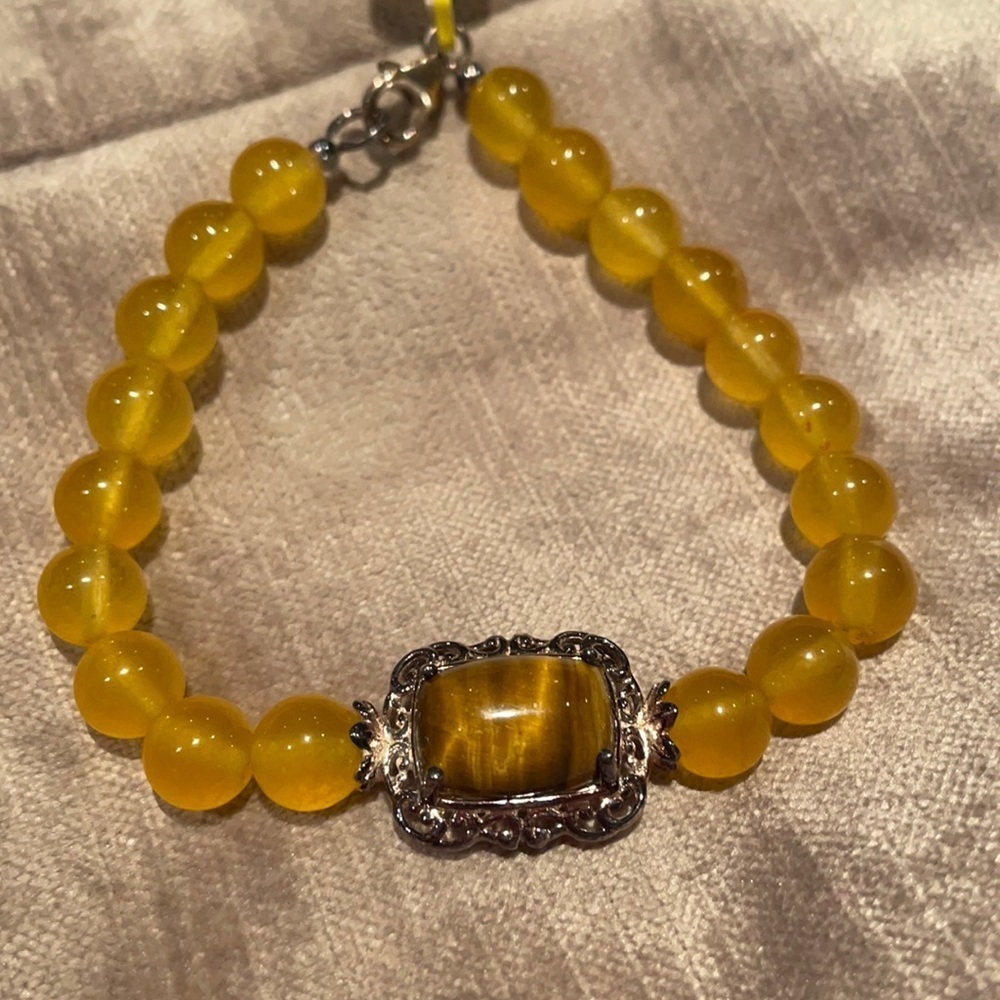 GENUINE South African Tigers Eye Bracelet 925 Sterling Silver Yellow Agate